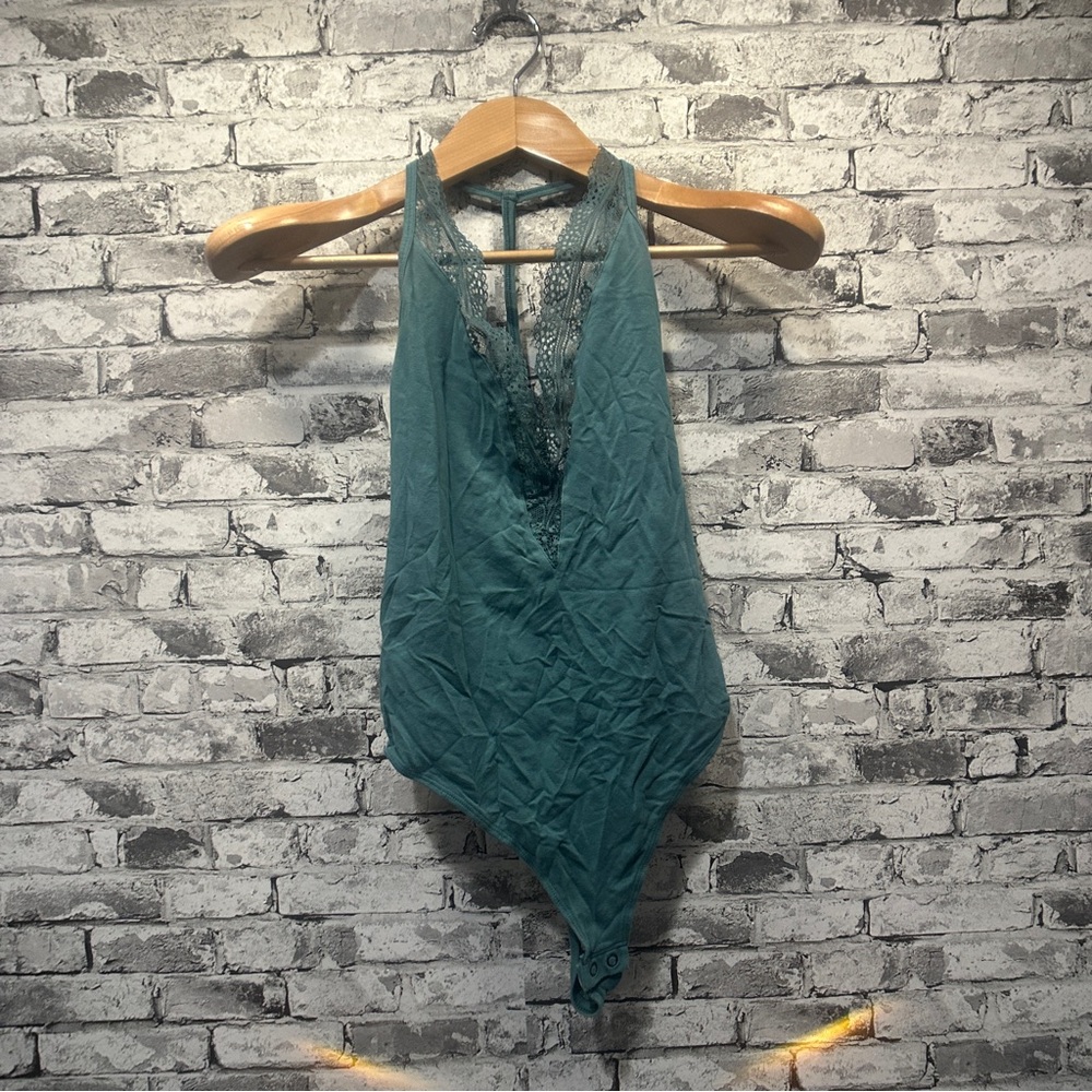 EUC Express One Eleven Teal Lace Halter Bodysuit Size M